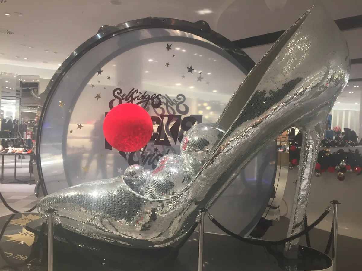 Glittery silver Cinderella shoe at Miss Selfridge, Birmingham